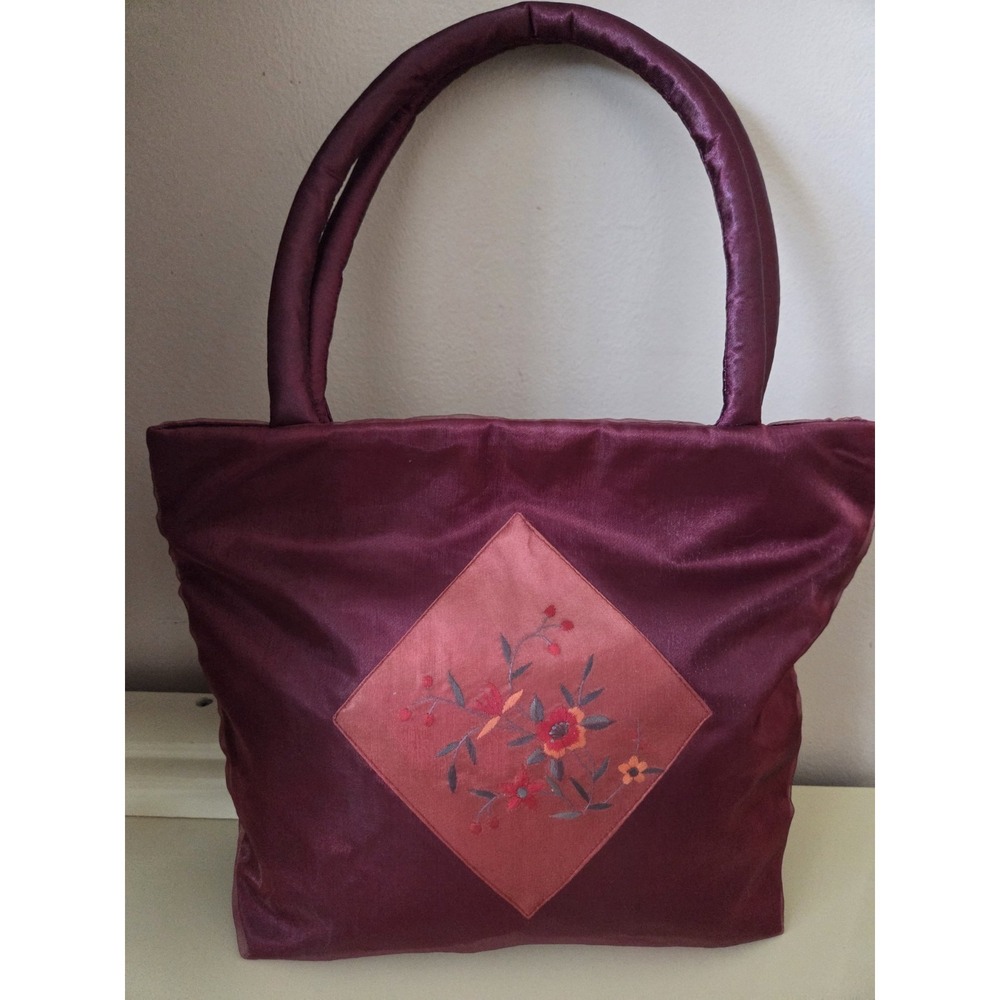 Vintage Asian Embroidered Silk Tote Bag Burgundy Floral Chinese Style Handbag